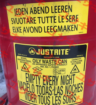 Both labels for OILY WASTE CAN PAT.NO. 1,754,802  Justrite