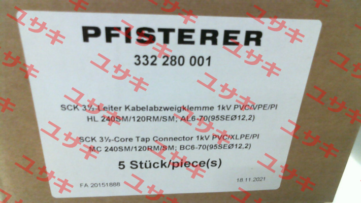 P/N: 332 280 001, Type: SCK3½ 240SM/120RM/SM_6-70Ø12,2 Pfisterer