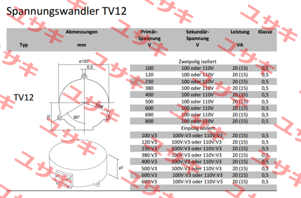 TV12, 690/100V Kl.0,5 20VA  Revalco